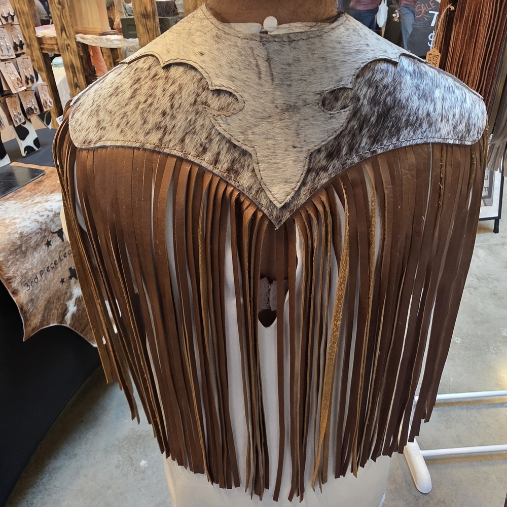Handcrafted Brown Leather Fringe Cape with Natural Hide Yoke